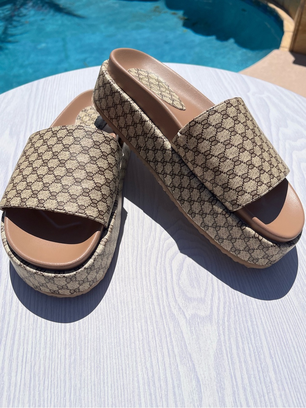 Neutral Patterned Platform Slide Sandals - Women-TILA